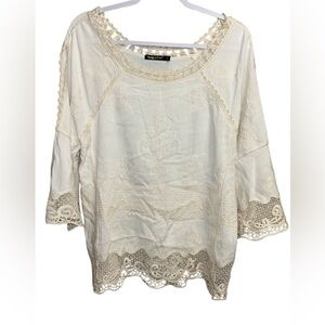 SPIAGGIA DOLCE Size M Embroidered Bohemian 3/4 Sleeve Blouse Lace Bell Sleeve